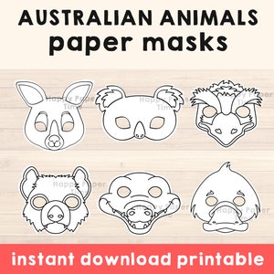 Australian animal masks for coloring, printable template for kids, Koala Kangaroo emu tasmanian devil crocodile platypus - Instant Download