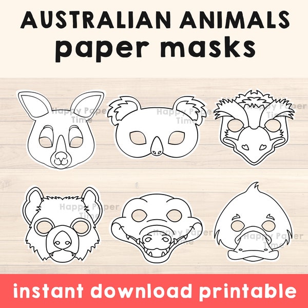 Australian animal masks for coloring, printable template for kids, Koala Kangaroo emu tasmanian devil crocodile platypus - Instant Download