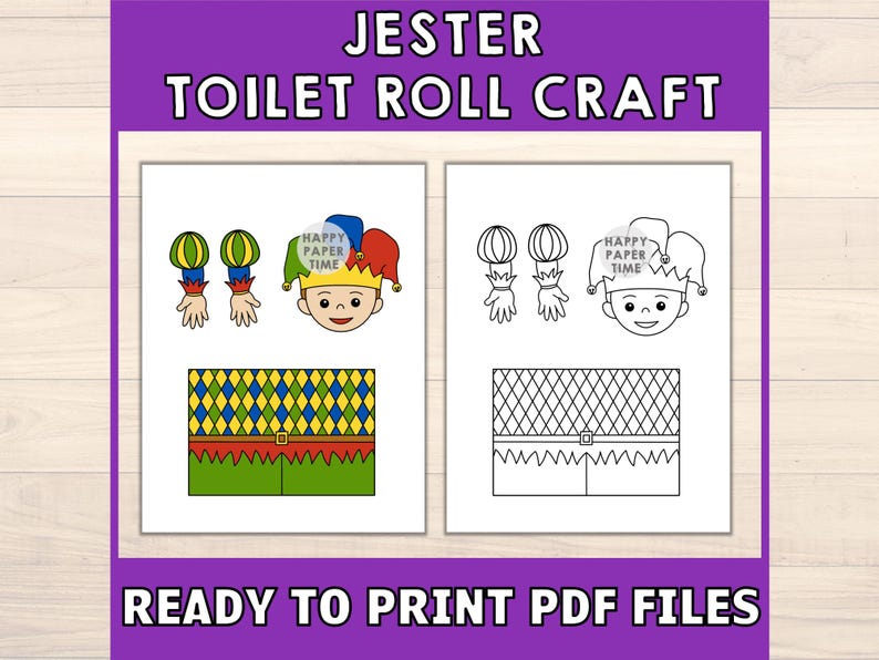 Jester Toilet Paper Roll Craft Medieval Fantasy Party Coloring Printable Decoration Kids Play Cut out Glue DIY - Instant Download image 2