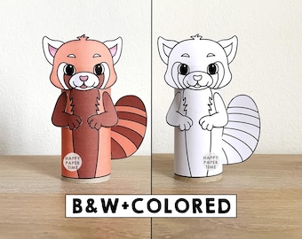 Manualidad con rollo de papel higiénico de panda rojo: Animal asiático, fiesta en la jungla, decoración imprimible para colorear, juego para niños, recortar y pegar. Descarga instantánea.