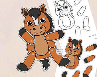 Horse Pony puppet paper toy craft activity articulated split pin jointed farm animal coloring page printable DIY Instant Download