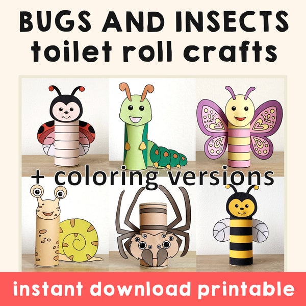 Bugs and insects animals Toilet Paper Roll Craft Spring Party Coloring Printable Decoration Kids Play Cut out Glue DIY - Instant Download