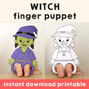 Witch paper craft printable Halloween Spooky Day Finger Puppet Kids Craft Birthday Party Kids Coloring Puppet - Instant Download