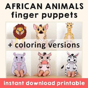 African animal paper craft printable Finger Puppet Template Kids Craft Safari Birthday Party Kids Coloring Puppet Play Printable - Download