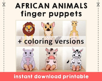 African animal paper craft printable Finger Puppet Template Kids Craft Safari Birthday Party Kids Coloring Puppet Play Printable - Download