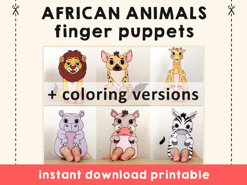 Op de afbeelding: Printbare Afrikaanse dieren vingerpoppen. De set bevat een leeuw, een hyena, een giraffe, een nijlpaard, een wrattenzwijn en een zebra. Elk dier wordt getoond in een kleurrijke illustratie met een vingergat om te gebruiken als een pop. De tekst "+ kleurversies" is opgenomen in de afbeelding.