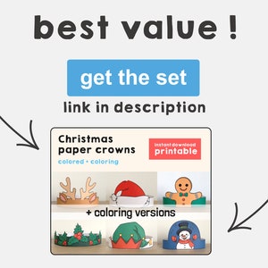 May include: A set of printable Christmas paper crowns, including colored and coloring versions. The crowns feature reindeer, Santa, gingerbread man, elf, and snowman designs. Instant download.