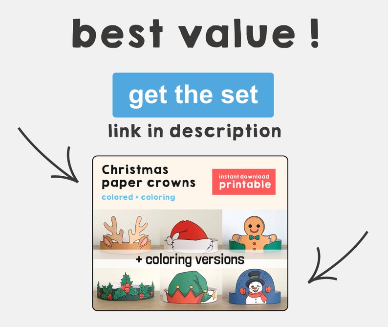 May include: A set of printable Christmas paper crowns, including colored and coloring versions. The crowns feature reindeer, Santa, gingerbread man, elf, and snowman designs. Instant download.