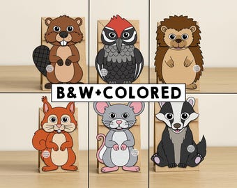 Marionetas de animales del bosque hechas con bolsas de papel: actividad imprimible para manualidades, recortar, pegar y colorear. Recuerdos de fiesta con temática de bosque. Descarga instantánea.