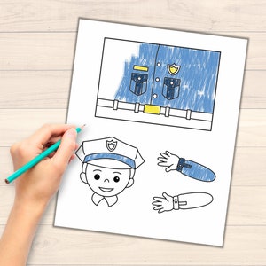 May include: A printable colouring page featuring a police officer. The page includes a head, torso, and arms to colour. The officer is wearing a blue uniform with a yellow badge.