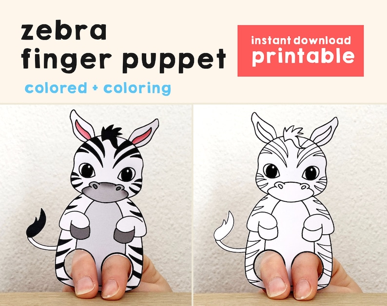 May include: Printable zebra finger puppet template. The image shows a coloured and a black and white version of the puppet. The puppet is designed to fit on a finger.