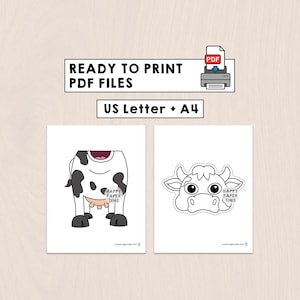 May include: Two printable PDF pages labelled READY TO PRINT PDF FILES US Letter + A4. One page shows a coloured cow body with black spots and a pink udder. The other page features a black and white outline of a cow head with a dashed cutting line.