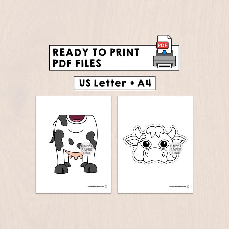 May include: Two printable PDF pages labelled READY TO PRINT PDF FILES US Letter + A4. One page shows a coloured cow body with black spots and a pink udder. The other page features a black and white outline of a cow head with a dashed cutting line.