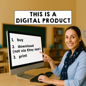 Pu&ograve; includere: Un monitor per computer che mostra il testo: THIS IS A DIGITAL PRODUCT, 1. buy, 2. download (not via Etsy app), 3. print. Lo schermo presenta uno sfondo bianco con testo nero, e il monitor ha una cornice nera sottile e un supporto argentato.