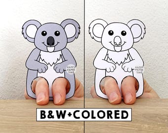 Koala de papel imprimible, títere de dedo de animal australiano, manualidad para niños, fiesta de cumpleaños, títere para colorear para niños - Descarga instantánea