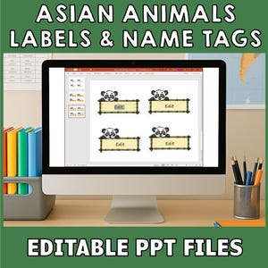 Puede incluir: Una pantalla de ordenador muestra una presentaci&oacute;n de PowerPoint con etiquetas y etiquetas de nombre de osos panda. El texto en la pantalla dice "Edit". La imagen tambi&eacute;n incluye el texto "Asian Animals Labels & Name Tags" y "Editable PPT Files".