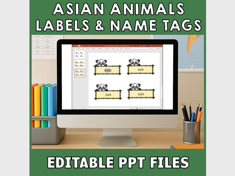 Puede incluir: Una pantalla de ordenador muestra una presentaci&oacute;n de PowerPoint con etiquetas y etiquetas de nombre de osos panda. El texto en la pantalla dice "Edit". La imagen tambi&eacute;n incluye el texto "Asian Animals Labels & Name Tags" y "Editable PPT Files".