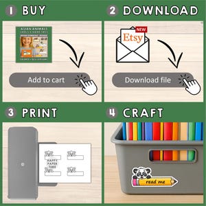 Puede incluir: Una imagen que muestra los pasos para comprar y crear etiquetas de animales asi&aacute;ticos. Los pasos incluyen comprar, descargar de Etsy, imprimir y crear. La imagen incluye una imagen del producto, una impresora y un contenedor con libros coloridos y una pegatina de panda que dice "read me".