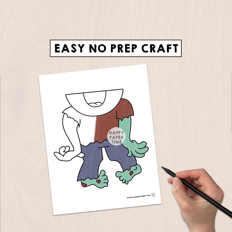Zombie sac en papier marionnette imprimable Halloween artisanat activité pâte à découper coloriage effrayant cadeau de fête téléchargement immédiat image 6