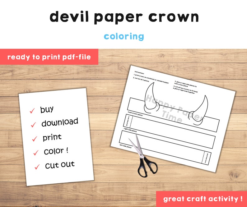 Devil Horns Paper Crown Party Coloring Printable Kids Craft - Etsy