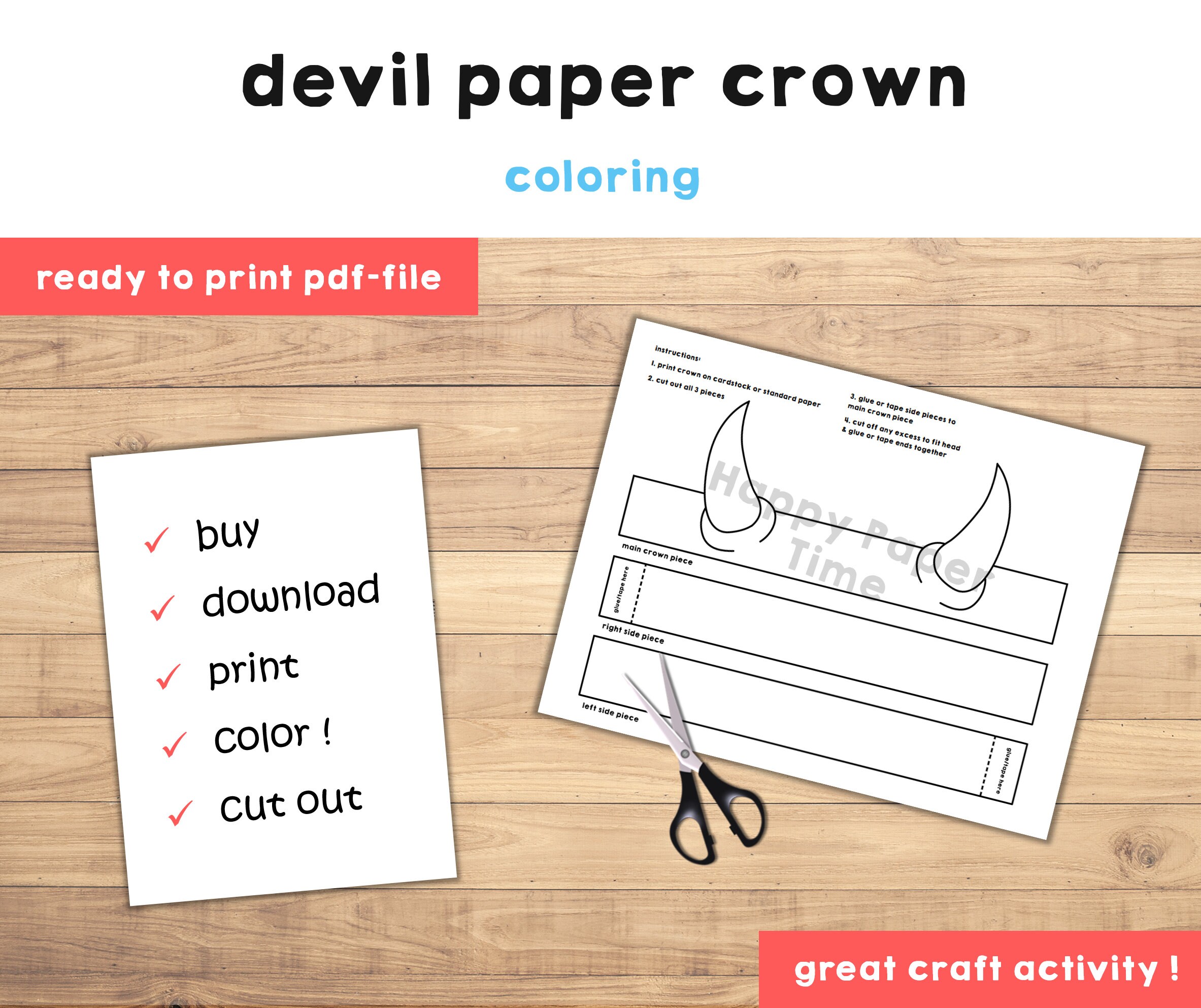 Devil Horns Paper Crown Party Coloring Printable Kids Craft - Etsy