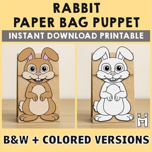Rabbit Bunny Paper Bag Puppet Printable Pet Farm Animal Craft Activity Cut Paste Coloring Party Favor Instant Download