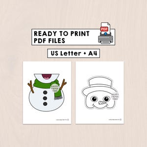 Puede incluir: Dos archivos PDF imprimibles con dise&ntilde;os de mu&ntilde;ecos de nieve. Uno muestra la cara de un mu&ntilde;eco de nieve con una bufanda verde y brazos de ramitas. El otro es un dibujo lineal de la cara de un mu&ntilde;eco de nieve con un sombrero de copa. Texto: "READY TO PRINT PDF FILES" y "US Letter + A4".