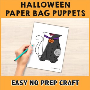 Puede incluir: Un proyecto de manualidades de marionetas de bolsa de papel con tem&aacute;tica de Halloween con el texto "Halloween Paper Bag Puppets" en letras negras sobre un fondo naranja. La imagen muestra un dibujo de gato en blanco y negro con un collar de calabaza. Tambi&eacute;n se muestran las palabras "Easy No Prep Craft".