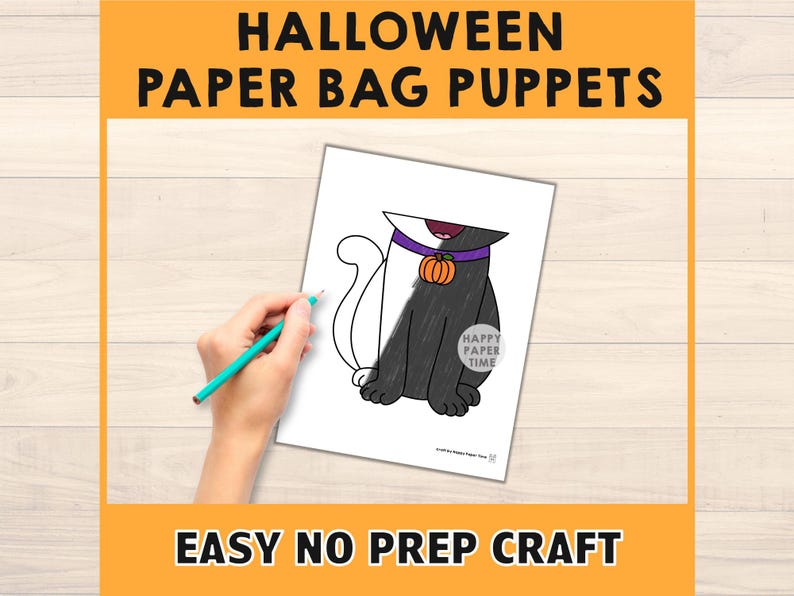 Puede incluir: Un proyecto de manualidades de marionetas de bolsa de papel con tem&aacute;tica de Halloween con el texto "Halloween Paper Bag Puppets" en letras negras sobre un fondo naranja. La imagen muestra un dibujo de gato en blanco y negro con un collar de calabaza. Tambi&eacute;n se muestran las palabras "Easy No Prep Craft".
