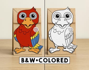 Papagei Papiertüte Puppe Vogel druckbare Haustier Tier Handwerk Aktivität Ausschneiden Paste färben Mitbringsel Sofort Download