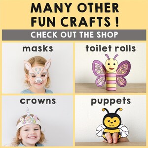 May include: A collage of four images showing different craft ideas for kids. The images show a deer mask, a butterfly made from a toilet paper roll, a unicorn crown, and a bee puppet.