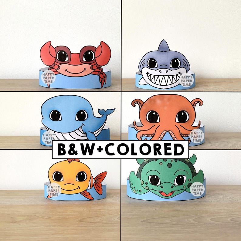 Ocean animals Paper Crowns Shark Fish Octopus Whale Sea Turtle Crab Printable Kids Craft Birthday Party Favor Costume DIY Printable Download image 1