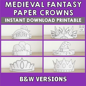Mittelalterliche Fantasy Papier Krone Färbung Stirnband Ritter Drache Prinzessin Party Aktivität Printable Kinder Handwerk Kostüm Gunst Sofort Download