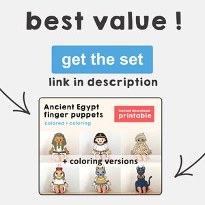 Puede incluir: Un conjunto de t&iacute;teres de dedo imprimibles con personajes del antiguo Egipto. El conjunto incluye versiones coloreadas y para colorear de los t&iacute;teres. El texto de la imagen dice "Ancient Egypt finger puppets colored + coloring instant download printable + coloring versions".