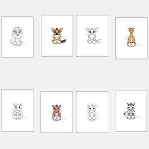 Op de afbeelding: Een set van 10 zwart-witte lijntekeningen van verschillende dieren, waaronder een leeuw, een giraffe, een zebra, een nijlpaard en een neushoorn. De dieren zijn allemaal in cartoon-stijl afgebeeld en zitten.