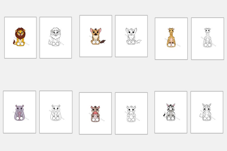 Op de afbeelding: Een set van 10 zwart-witte lijntekeningen van verschillende dieren, waaronder een leeuw, een giraffe, een zebra, een nijlpaard en een neushoorn. De dieren zijn allemaal in cartoon-stijl afgebeeld en zitten.