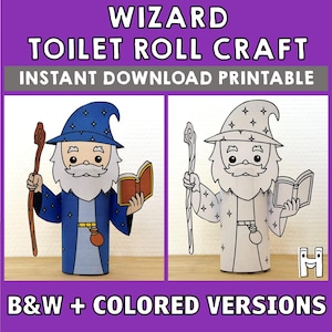 Wizard Toilet Paper Roll Craft Medieval Fantasy Party Coloring Printable Decoration Kids Play Cut out Magic DIY - Instant Download
