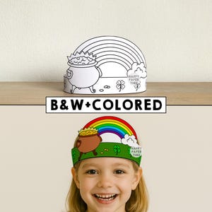 St Patrick's Day Paper Crown Headband Pot of Gold Rainbow Party Coloring Printable Kids Craft Costume Printable Favor DIY - Instant Download