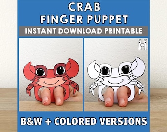 May include: Printable crab finger puppet craft. Includes a colored version and a black and white version. Instant download.