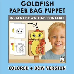 Goldfish Paper Bag Puppet Printable Pet Fish Animal Craft Activity Cut Paste Coloring Party Favor Instant Download