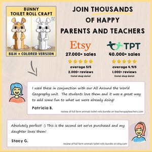May include: A digital illustration of a bunny craft made from a toilet paper roll. The image shows a black and white version and a colored version of the craft. The image also includes text that says "Bunny Toilet Roll Craft" and "B&W + Colored Version". The image also includes text that says "Join Thousands of Happy Parents and Teachers" and shows the number of sales and reviews for the product on Etsy and Teachers Pay Teachers.