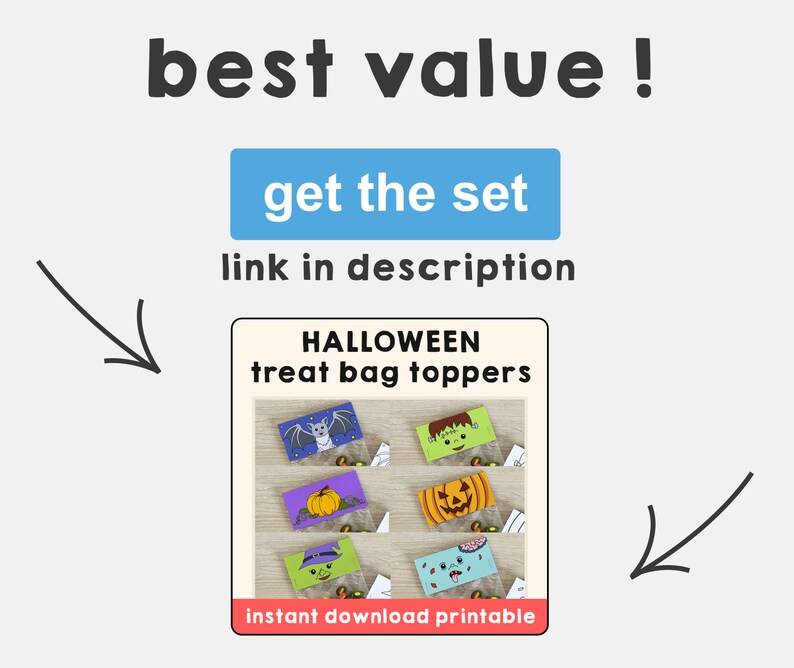 May include: A set of printable Halloween treat bag toppers featuring various spooky characters like a bat, Frankenstein, pumpkin, witch, and a monster. The text on the image reads "HALLOWEEN treat bag toppers" and "instant download printable".