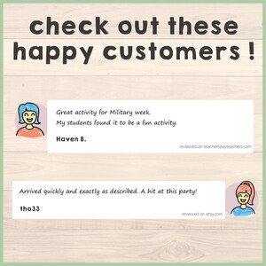 May include: Two positive customer reviews for a product. The first review says "Great activity for Military week. My students found it to be a fun activity. Haven B. reviewed on teacherspayteachers.com". The second review says "Arrived quickly and exactly as described. A hit at this party! tho33 reviewed on etsy.com".
