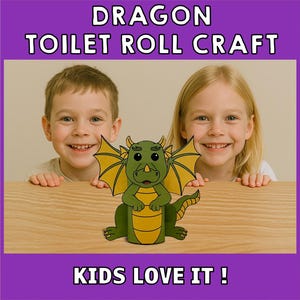 K&ouml;nnte beinhalten: Zwei Kinder, ein Junge und ein M&auml;dchen, l&auml;cheln und halten ein gr&uuml;nes Drachen-Bastelwerk aus einer Toilettenpapierrolle hoch. Der Drache hat gelbe Fl&uuml;gel und einen Schwanz. Der Text "KIDS LOVE IT!" ist unter dem Drachen gedruckt.
