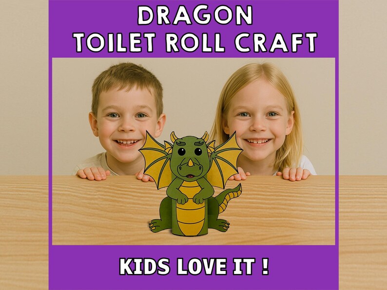 K&ouml;nnte beinhalten: Zwei Kinder, ein Junge und ein M&auml;dchen, l&auml;cheln und halten ein gr&uuml;nes Drachen-Bastelwerk aus einer Toilettenpapierrolle hoch. Der Drache hat gelbe Fl&uuml;gel und einen Schwanz. Der Text "KIDS LOVE IT!" ist unter dem Drachen gedruckt.