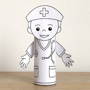 K&ouml;nnte beinhalten: Ein druckbares Papiermodell eines Arztes, der eine wei&szlig;e Uniform mit einem roten Stethoskop und einen wei&szlig;en Hut mit einem roten Kreuz tr&auml;gt.