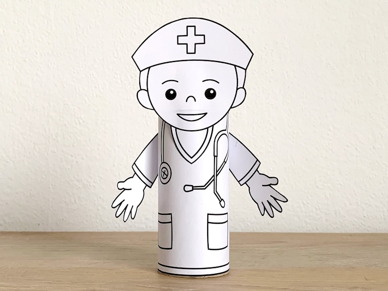 K&ouml;nnte beinhalten: Ein druckbares Papiermodell eines Arztes, der eine wei&szlig;e Uniform mit einem roten Stethoskop und einen wei&szlig;en Hut mit einem roten Kreuz tr&auml;gt.