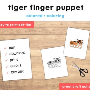 Tiger paper craft printable Jungle animal Finger Puppet Kids Craft Bear Birthday Party Kids Coloring Puppet Printable Instant Download image 2