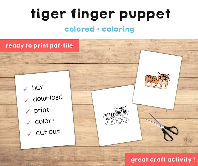 Tiger paper craft printable Jungle animal Finger Puppet Kids Craft Bear Birthday Party Kids Coloring Puppet Printable Instant Download image 2