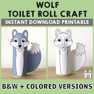 Manualidad de lobo con rollo de papel higiénico, bosque, fiesta, colorear, imprimir, decorar, niños, juego salvaje, recortar, pegar, bricolaje - Descarga instantánea
